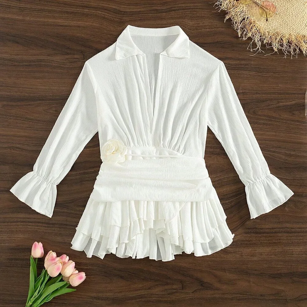 White Women's Ruffle Trim Flounce Sleeve Cover Up Dress Without Bikini